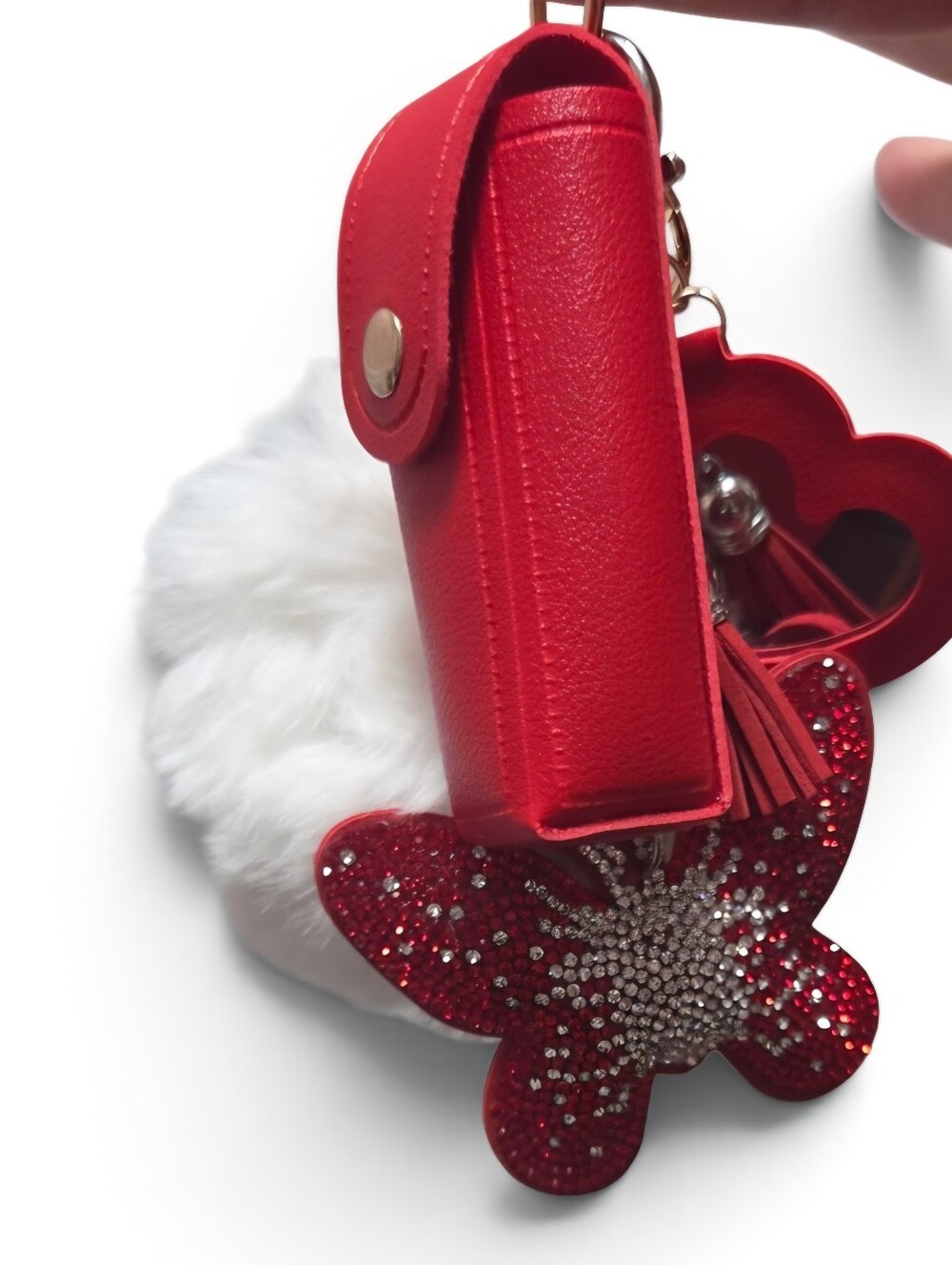 Red Women's Keychain Bag Charm with Heart & Butterfly Accents